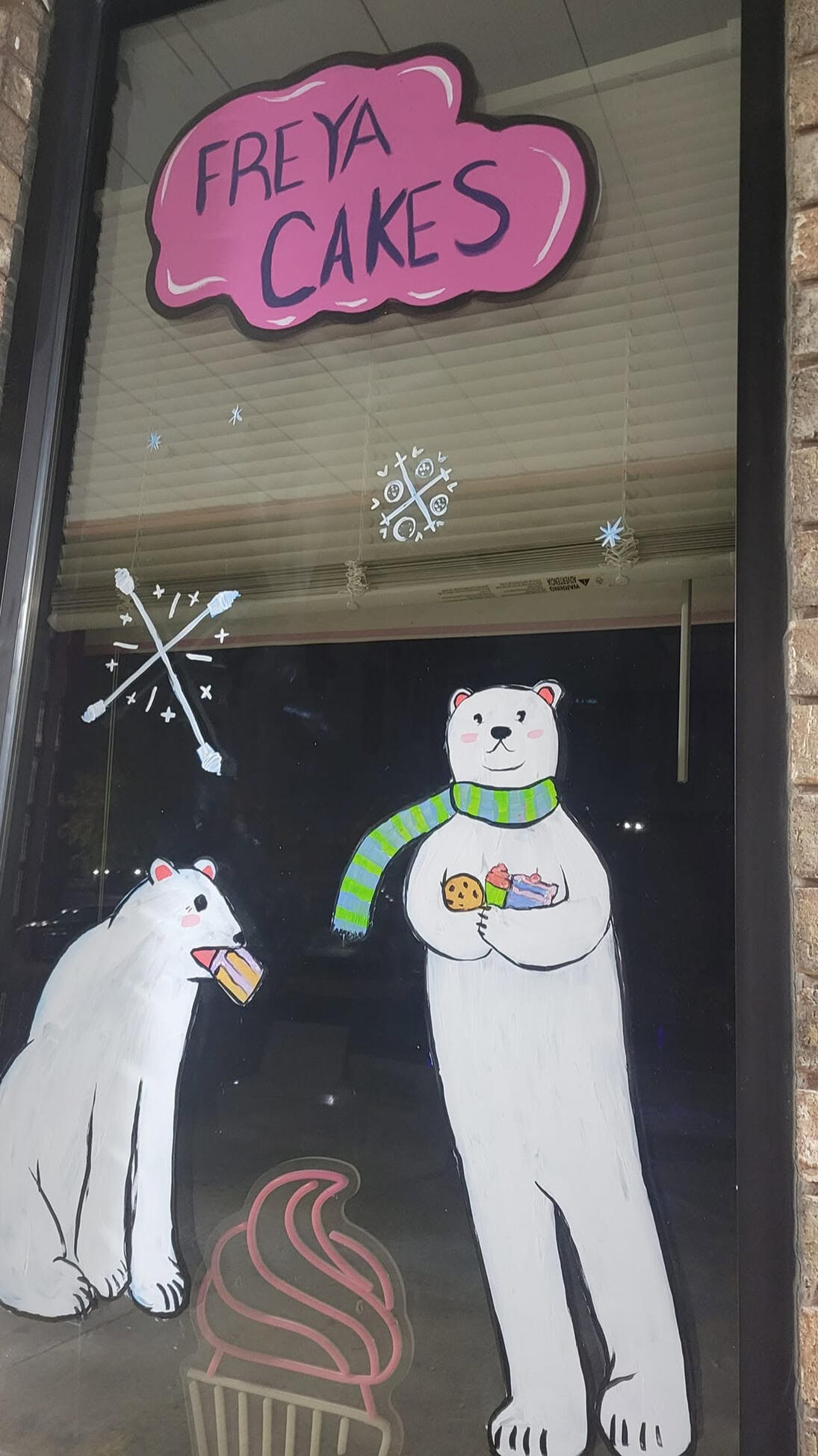 polar bears eating cakes window painting